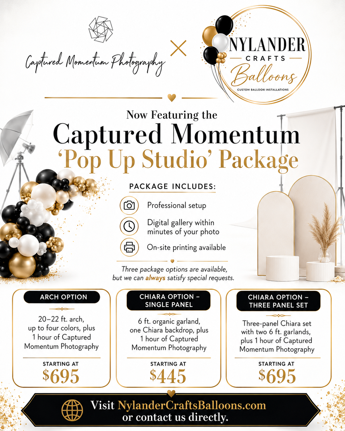 Captured Momentum Pop Up Studio balloon package with black, white, and gold balloons, photography setup, and Chiara backdrop options.