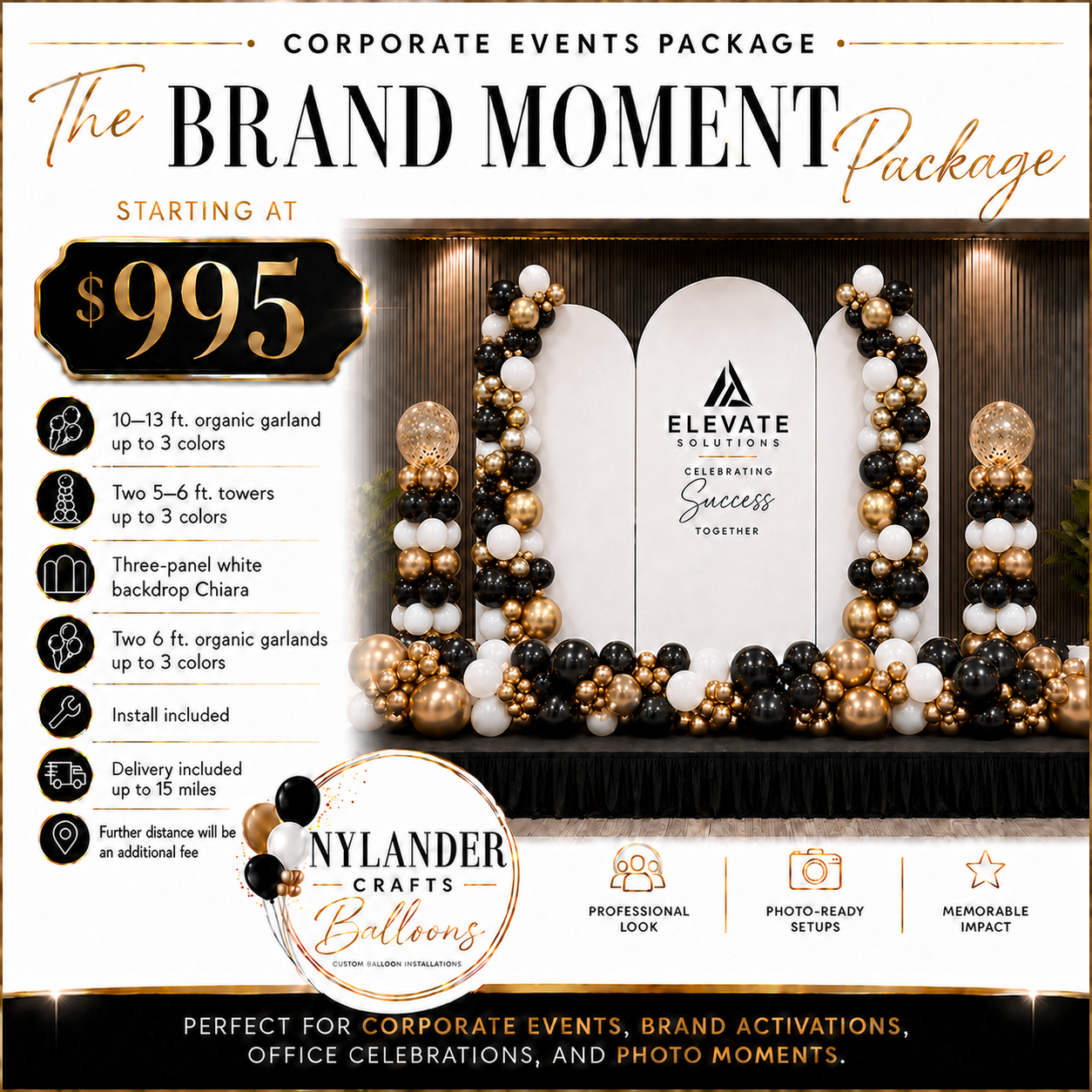 Corporate balloon décor package with black, white, and gold branded backdrop panels, towers, and garlands.