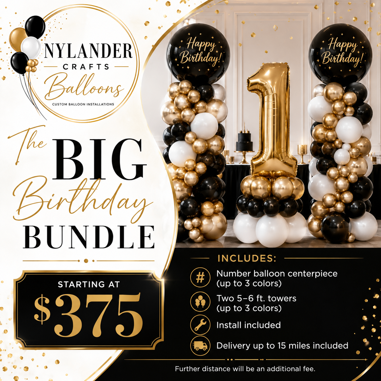 Birthday balloon package featuring black, white, and metallic gold number balloon centerpiece with matching towers.