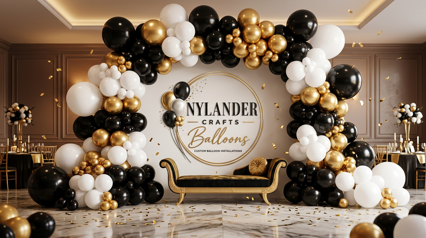 Black, white, and gold balloon arch installation by Nylander Crafts Balloons