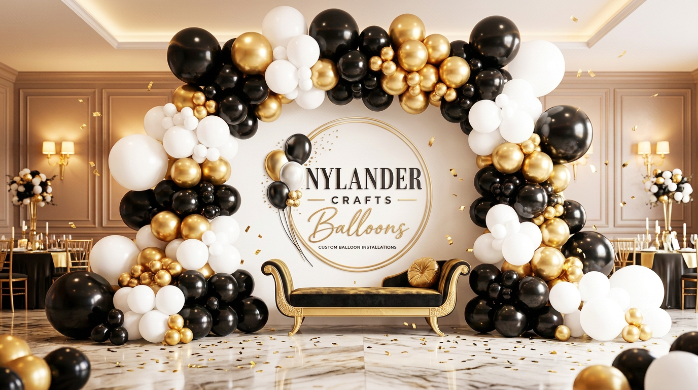 Black, white, and gold balloon arch installation by Nylander Crafts Balloons